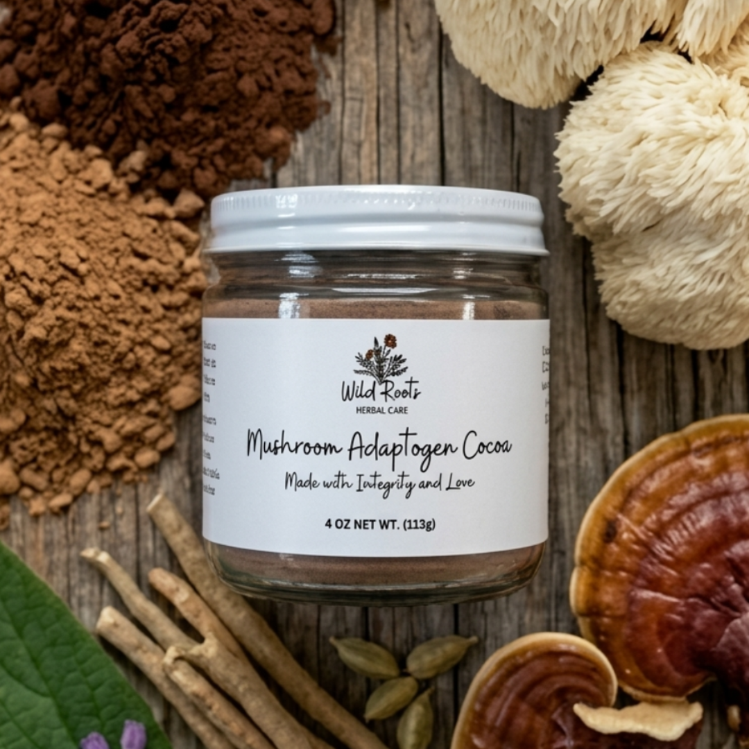 Jar of 'Mushroom Adaptogen Cocoa' on a wooden surface with various mushrooms and herbs.