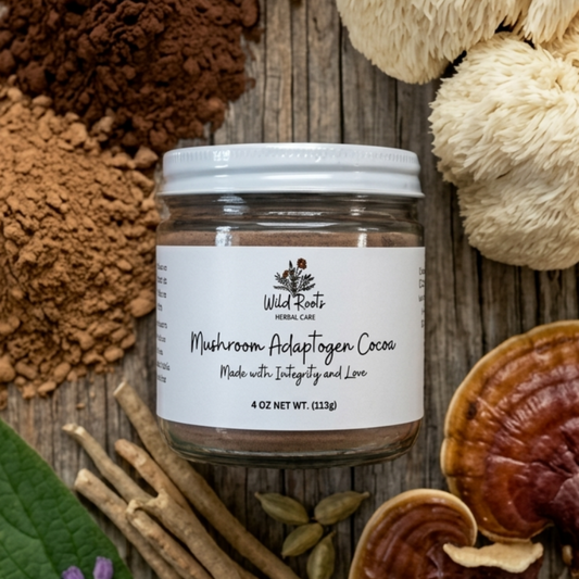 Jar of 'Mushroom Adaptogen Cocoa' on a wooden surface with various mushrooms and herbs.
