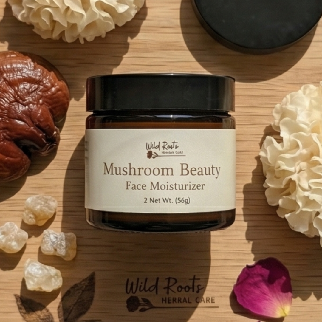 Collage of Wild Roots mushroom beauty product packaging with natural elements on a wooden surface.