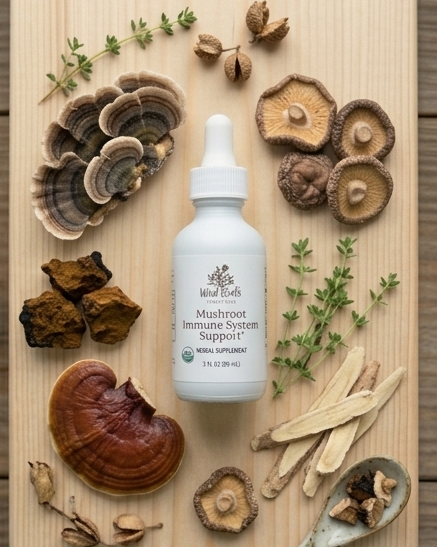 Mushroom immune system supplement bottle with dried mushrooms on a wooden surface