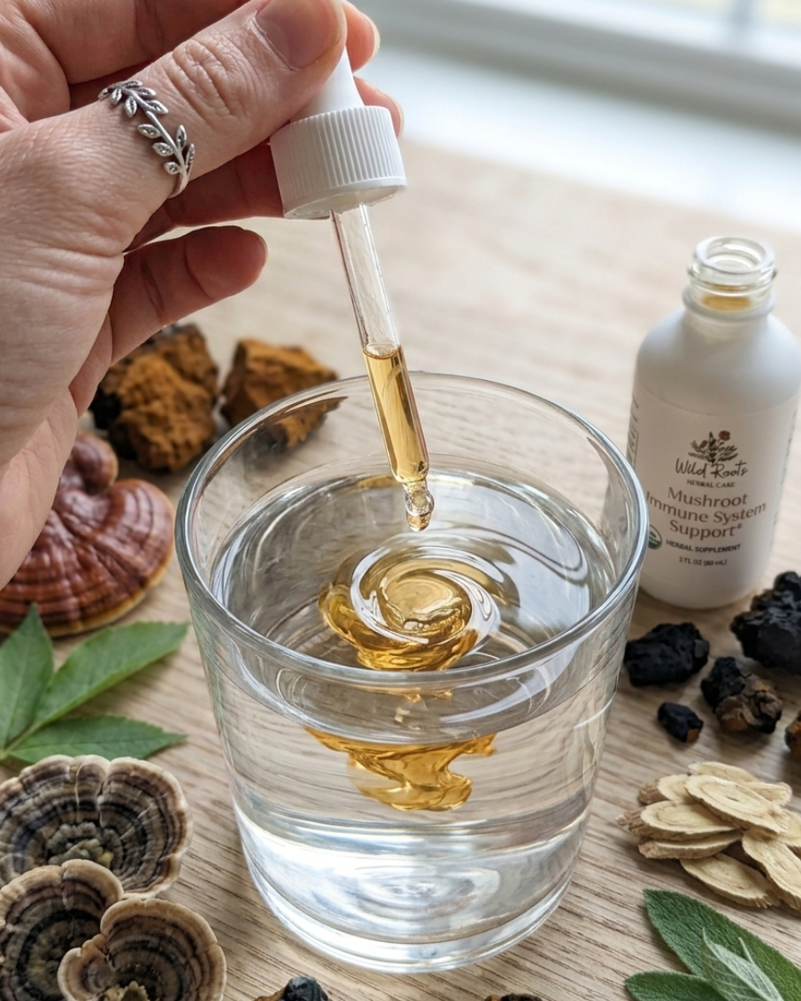 Hand using a dropper to add liquid into a glass with various herbs and plants on a wooden surface.