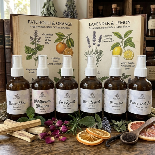 Collection of natural product bottles with labels on a wooden surface, surrounded by books and herbs.