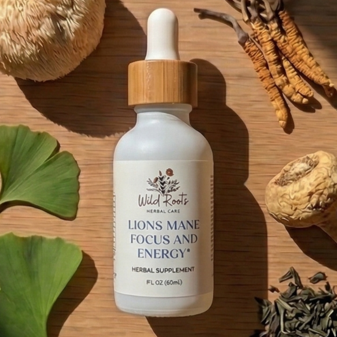 Collage of Wild Roots supplement bottles with natural ingredients on a wooden surface.