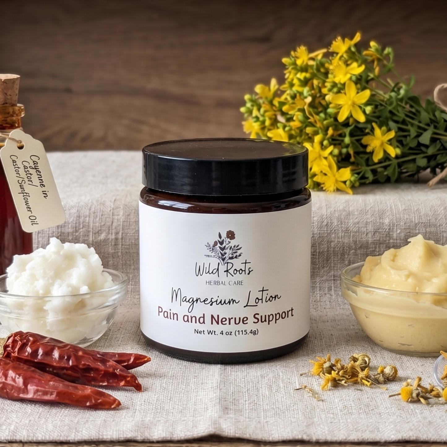 Jar of Wild Roots Magnesium Lotion on a wooden surface with various natural items and bottles in the background.