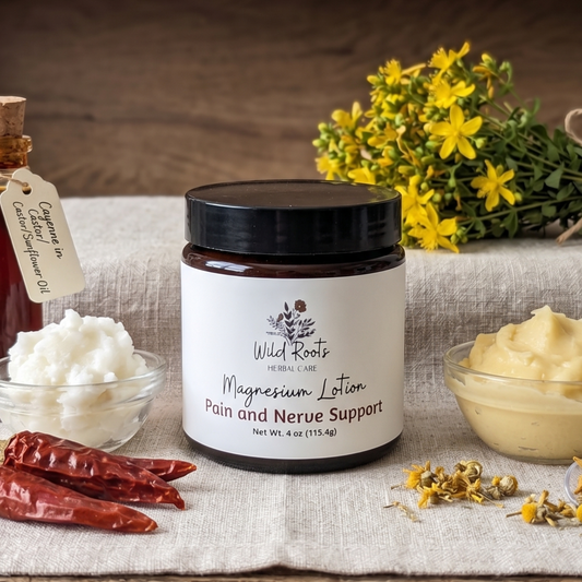 Jar of Wild Roots Magnesium Lotion on a wooden surface with various natural items and bottles in the background.