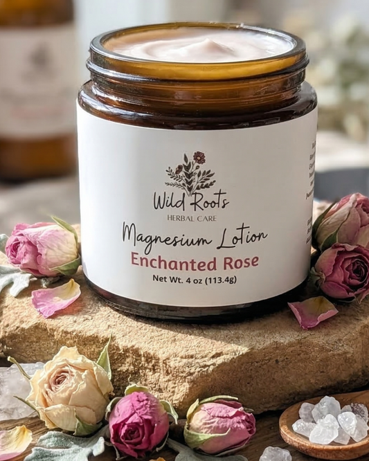 Jar of magnesium lotion with rose and crystals on a wooden board. great for athletes, muscle recovery. Non toxic, all natural. plant based