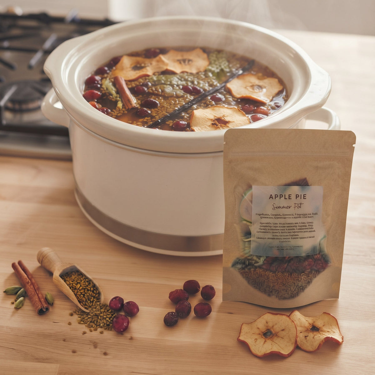 A white ceramic slow cooker filled with a steaming apple pie spice latte sits on a wooden countertop in a kitchen setting, with a kraft pouch labeled 'APPLE PIE' and scattered spices, cranberries, and dried apple slices in front.