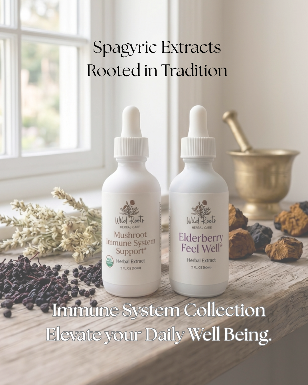Two bottles of herbal extracts on a wooden surface with text about immune system support and elderberry feel well.