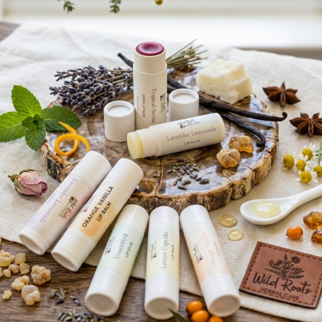 Collection of natural skincare products on a wooden tray with herbs and flowers.