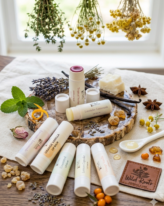 Collection of natural skincare products on a wooden tray with herbs and flowers.