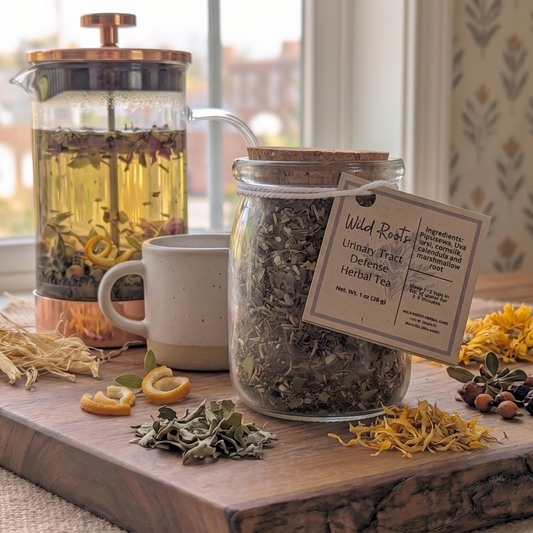 Tea-making setup with a glass teapot, mug, jar of tea leaves, and dried herbs on a wooden board.