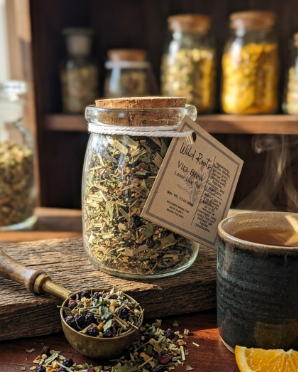 Jar of dried herbs with a label on a wooden surface, surrounded by other jars and a cup.