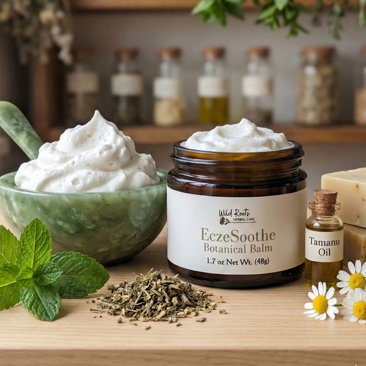 Ezezoothe Botanical Balm jar with whipped cream, herbs, and flowers on a wooden surface.