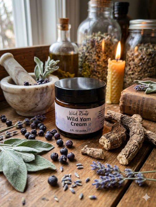 wild Yam, Chaste berry, clary sage, lavender , herbal shop setting 