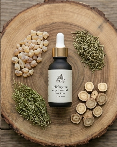 Helichrysum Age Rewind face serum bottle on a wooden surface with dried herbs and resin.