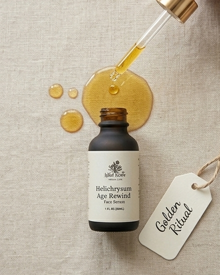 Helichrysum Age Rewind face serum bottle with dropper and 'Golden Ritual' tag on a textured beige background