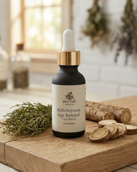 Bottle of Helichrysum Age Rewind on a wooden surface with herbs and roots