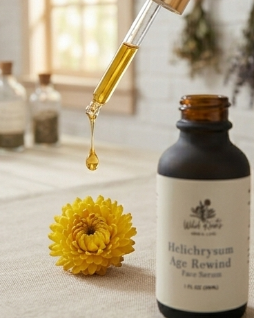 Helichrysum Age Rewind face serum with dropper and yellow flower on a neutral background