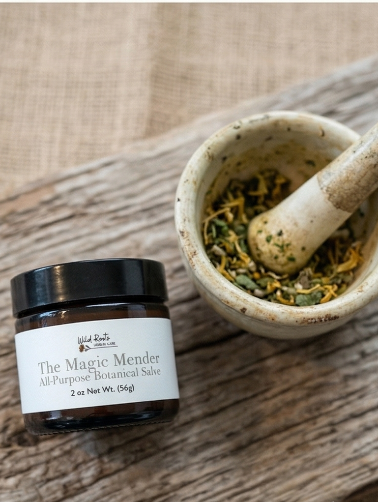Collage of natural skincare products with herbs on wooden surfaces