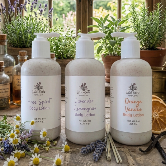 Three bottles of Wild Rootz body lotion on a rustic stone surface with herbs and flowers.