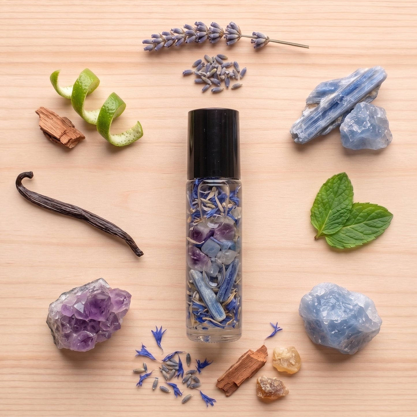 A clear cylindrical roller bottle with a black cap, filled with dried lavender and blue botanical pieces, arranged on a light wood surface with lavender sprigs, crystals, mint leaves, vanilla bean, cinnamon pieces, and small blue flowers around it.