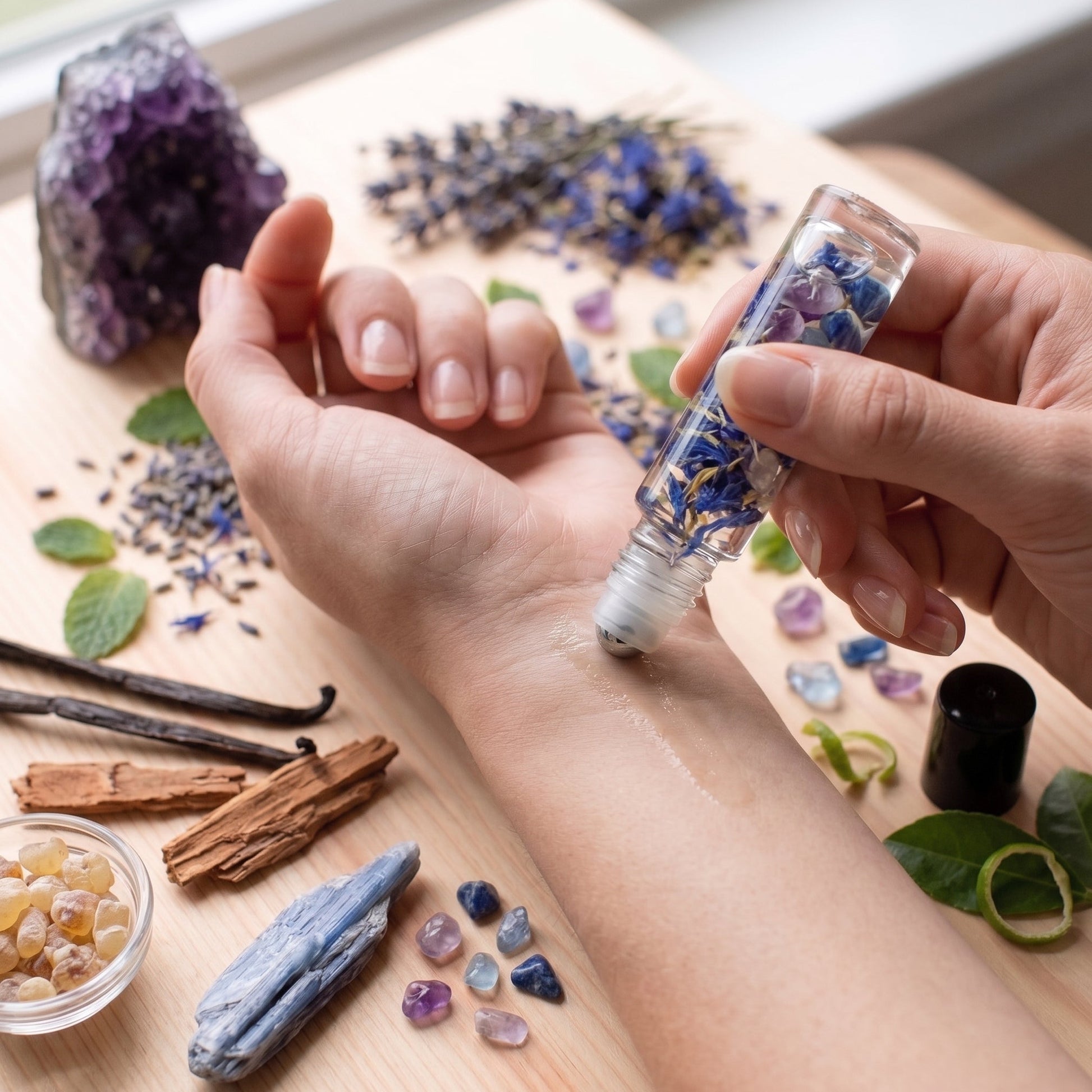 A close-up of a person's forearm and hand receiving a roll-on skincare or essential oil treatment from a clear glass bottle filled with blue and purple botanical pieces. The scene is styled with lavender, crystals, vanilla beans, and wood pieces on a light wooden surface.