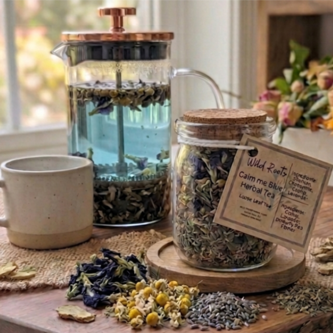 Tea-making setup with dried herbs, a jar of tea leaves, and a mug on a wooden surface.