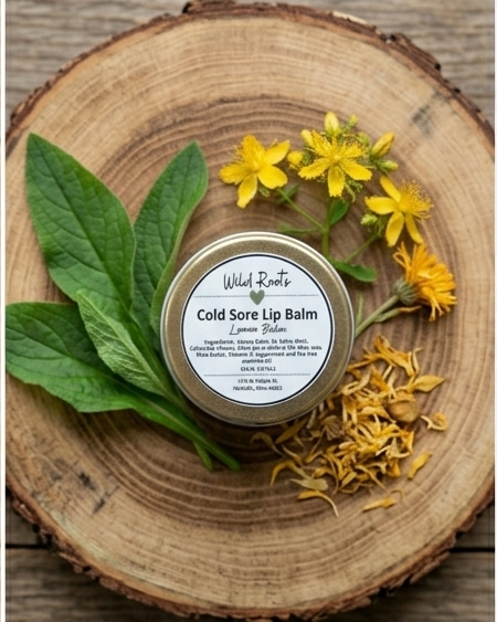 Cold sore lip balm on a wooden surface with leaves and flowers