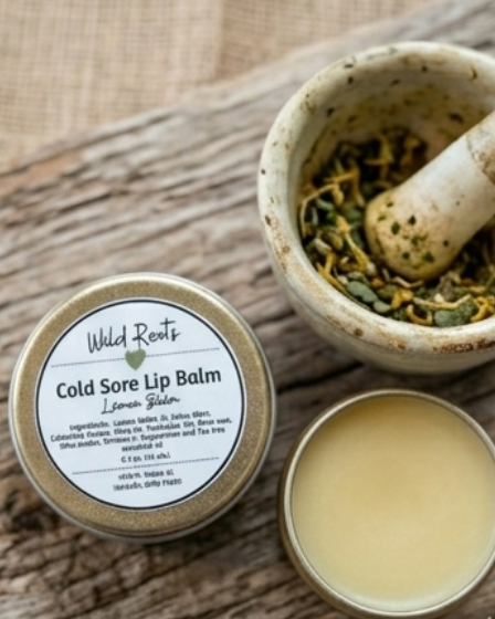 Cold sore lip balm with a mortar and pestle on a wooden surface