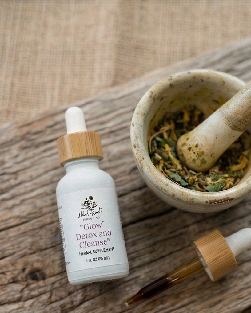 White bottle with wooden dropper labeled 'Glow Detox and Cleanse' on a wooden surface with a mortar and pestle.