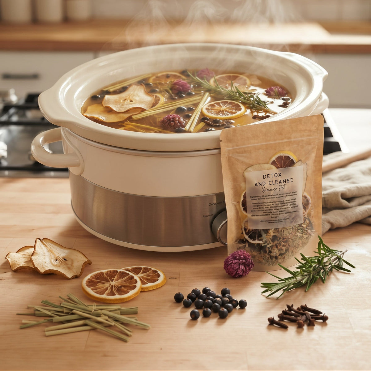A steaming herbal pot in a white and stainless steel slow cooker sits on a wooden kitchen counter, surrounded by dried citrus slices, rosemary, cloves, and a pouch labeled 'Petrify and Cleanse'.