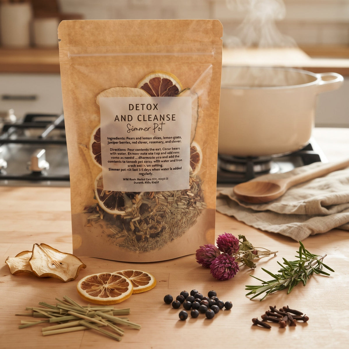 A stand-up kraft pouch labeled 'Detox and Cleanse Summer Det' stands on a wooden countertop in a kitchen setting, with dried citrus slices, herbs, spices, and a pot on a stove in the background.