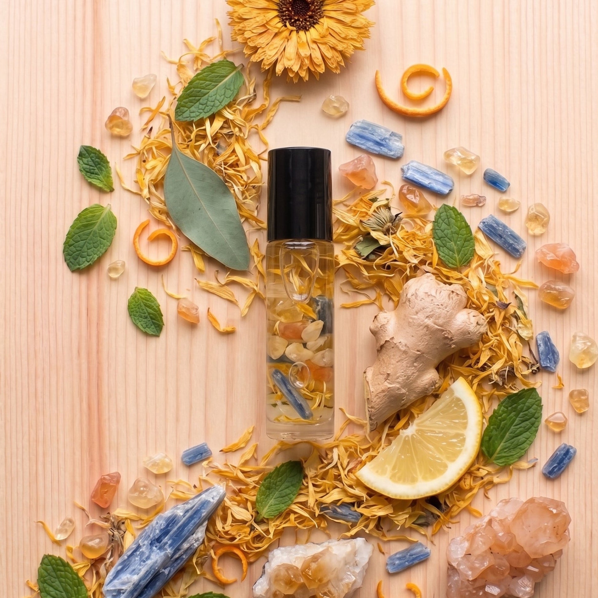A clear glass roller bottle with a black cap, filled with dried botanicals, centered on a light wood background and surrounded by yellow flower petals, green leaves, blue crystals, orange peel curls, ginger root, a lemon slice, and pink crystal clusters.