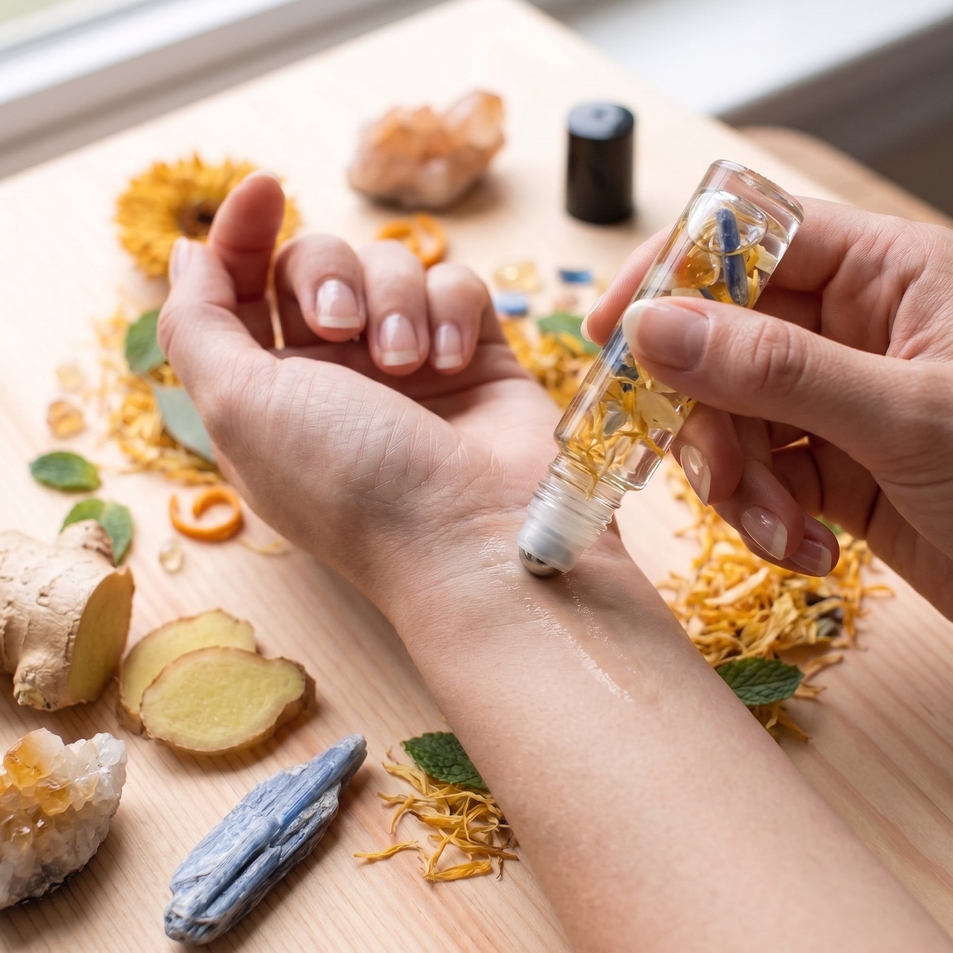 A close-up of a person applying a clear roll-on skincare or essential-oil style product from a small glass tube onto their forearm, with dried flowers, ginger, crystals, and leaves scattered on a wooden surface.