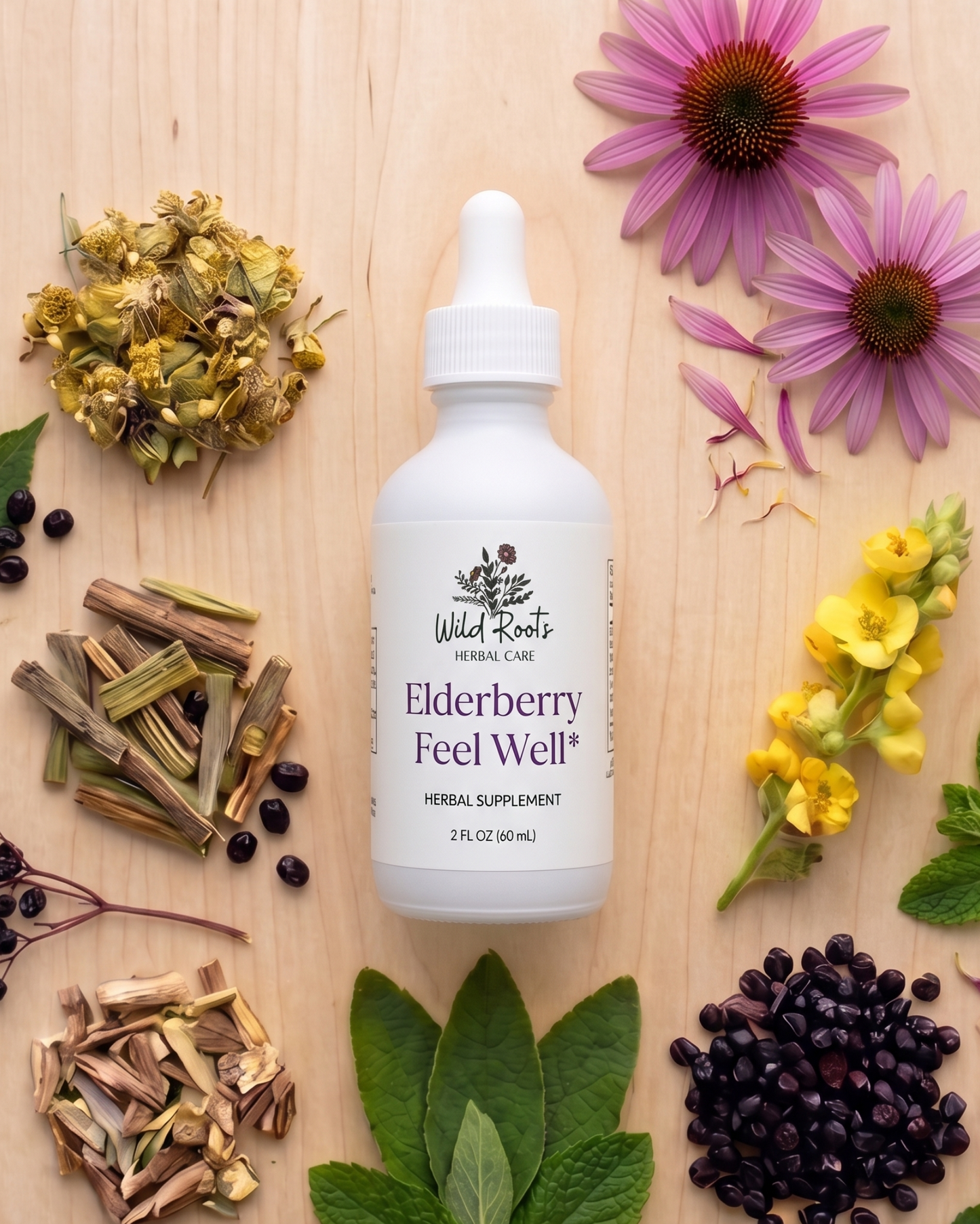 Elderberry supplement bottle labeled 'Elderberry Feel Well' surrounded by herbs and flowers on a wooden surface