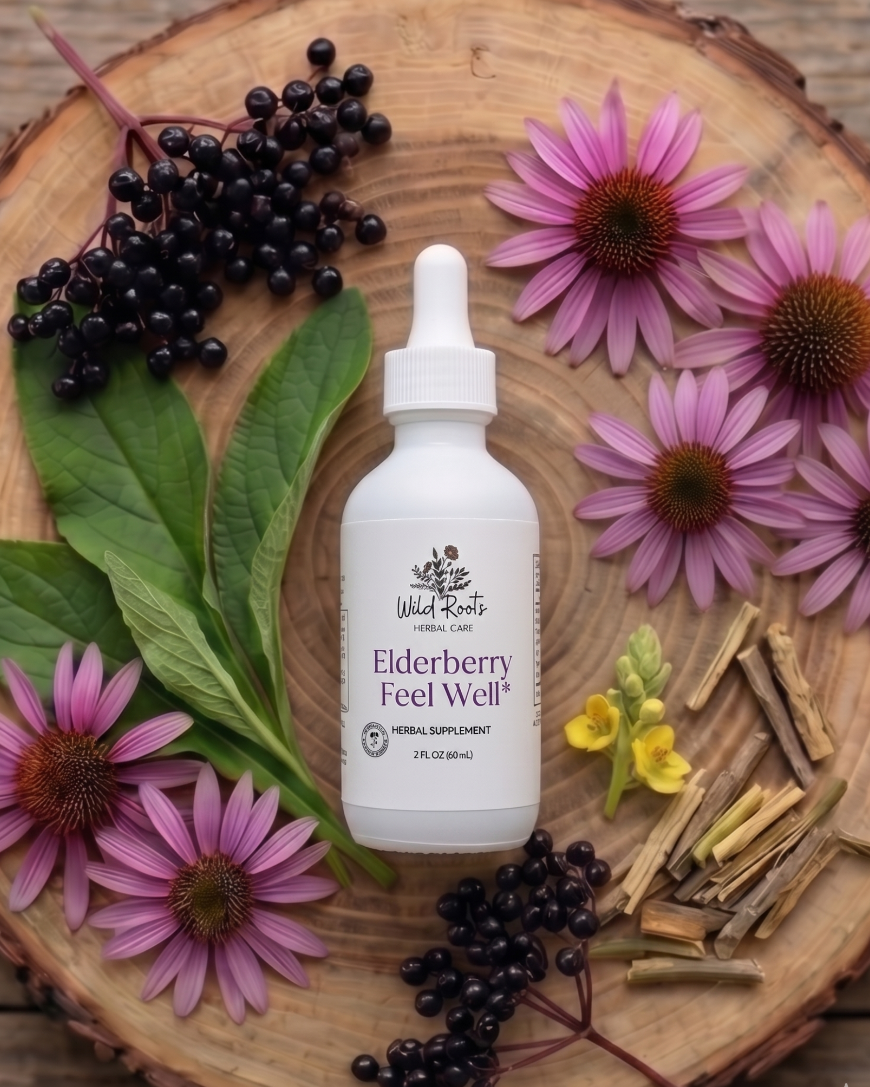 Elderberry supplement bottle labeled 'Feel Well' on a wooden surface with flowers and herbs.
