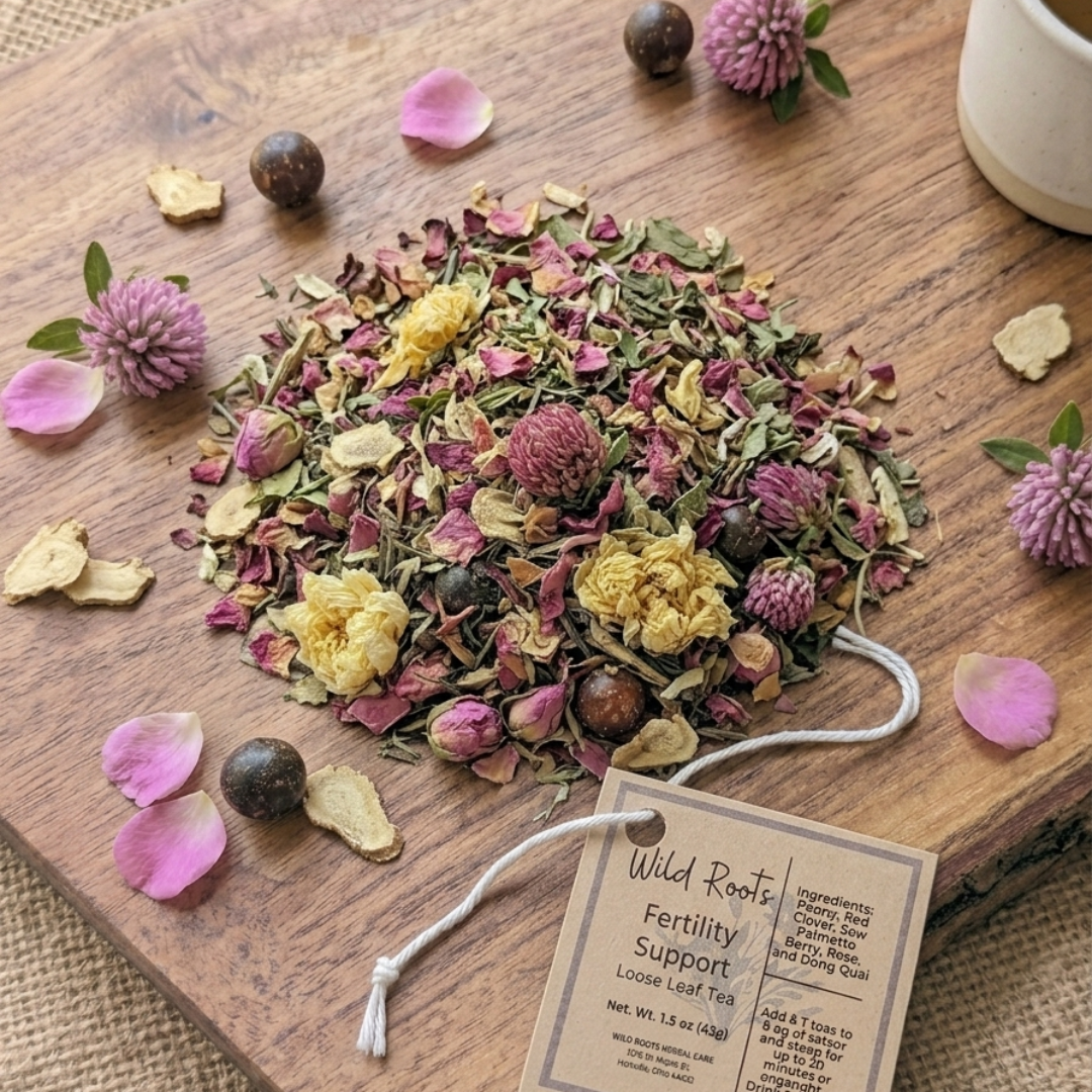 Herbal mix on a wooden board with a tag labeled 'Wild Roots' on a rustic background.