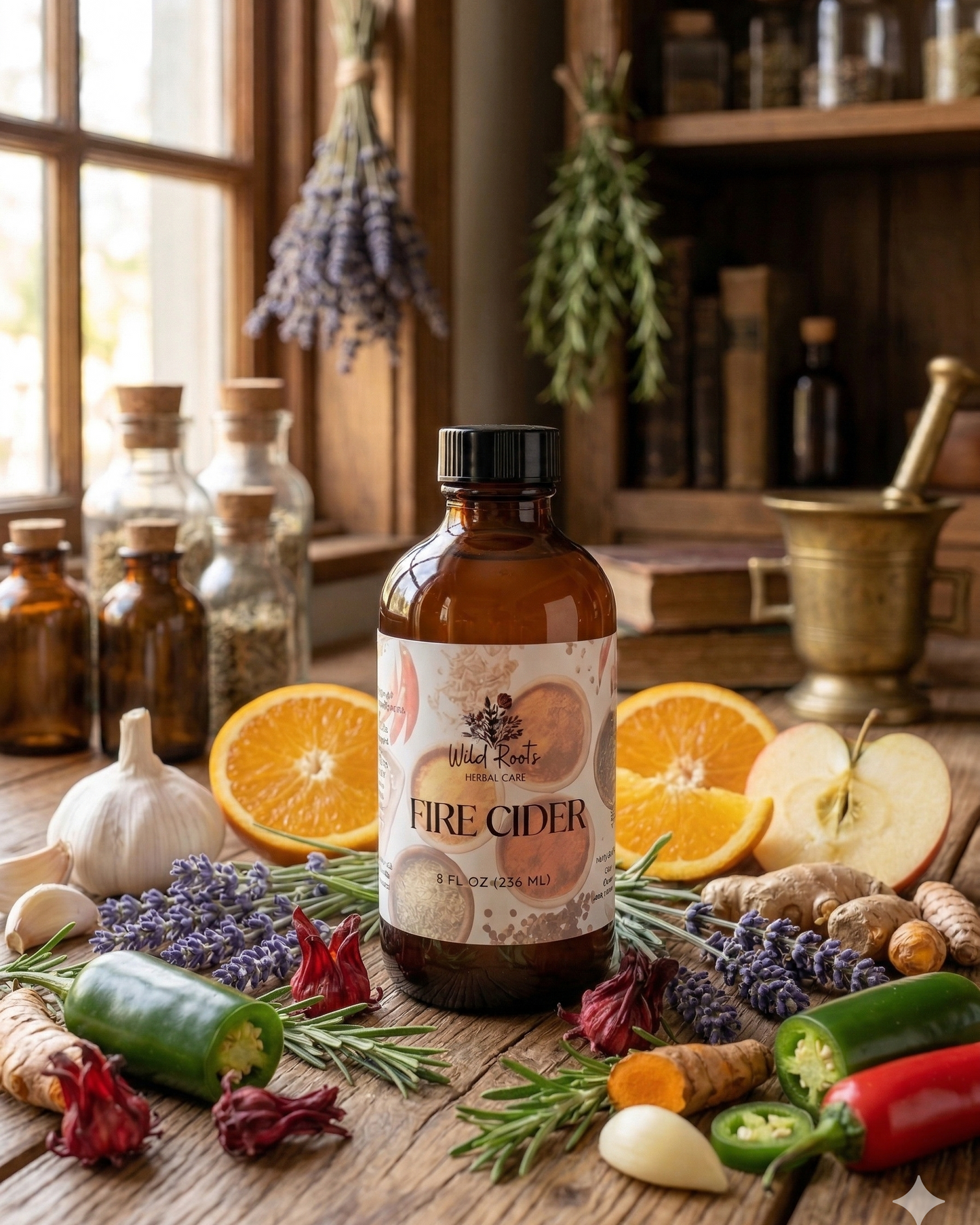 Bottle of Fire Cider on a wooden table with herbs and oranges