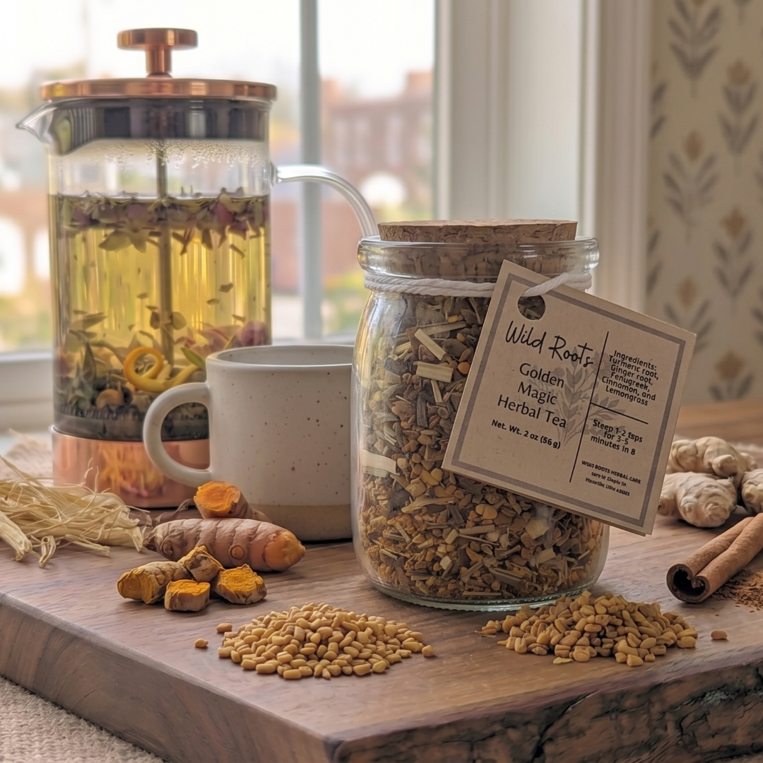 Tea-making setup with a glass teapot, mug, jar of tea leaves, and various herbs on a wooden board.