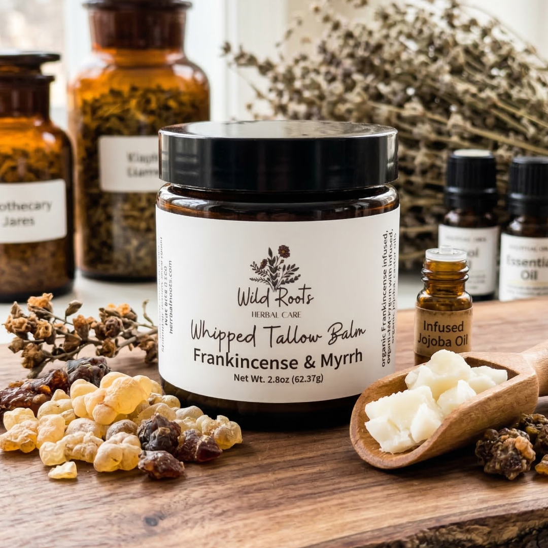 Balm jar labeled 'Wild Roots' with frankincense and myrrh on a wooden surface.