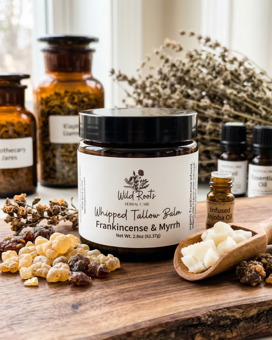 Balm jar labeled 'Wild Roots' with frankincense and myrrh on a wooden surface.