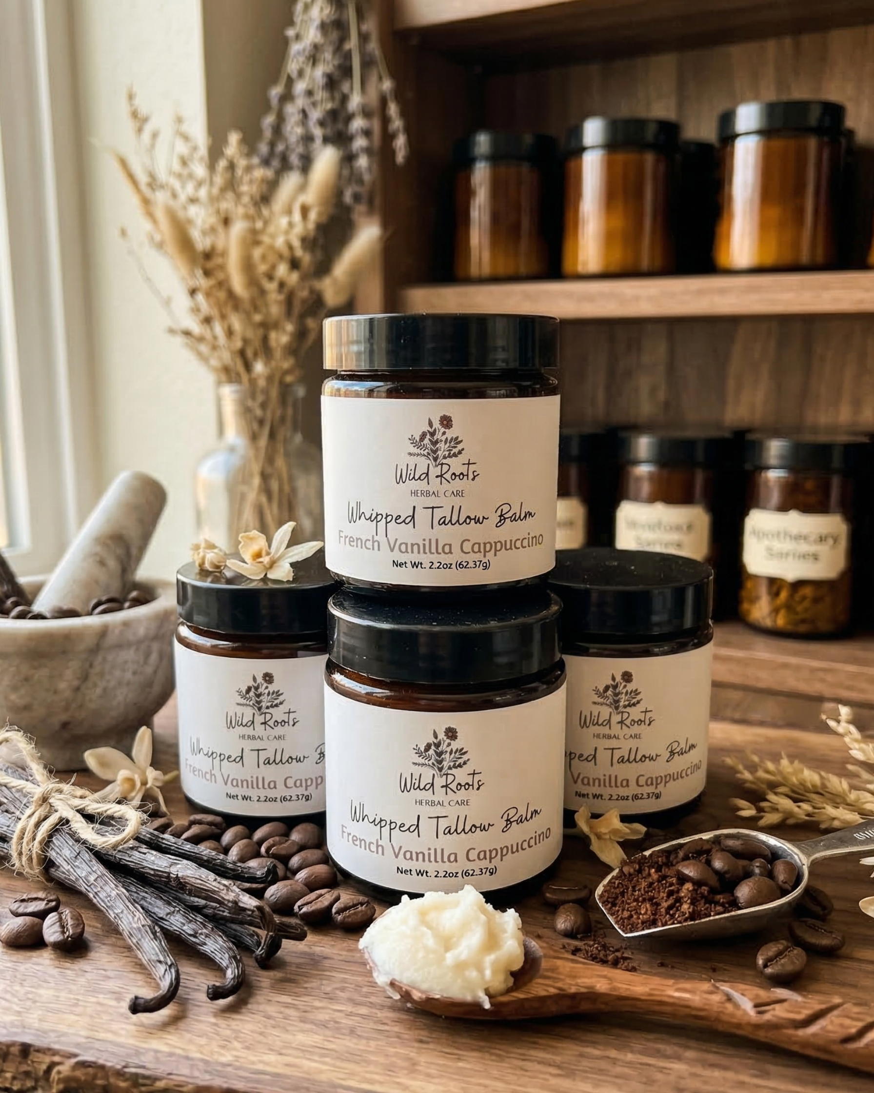 Jars of Wild Root Skincare products on a wooden surface with vanilla beans and coffee beans.