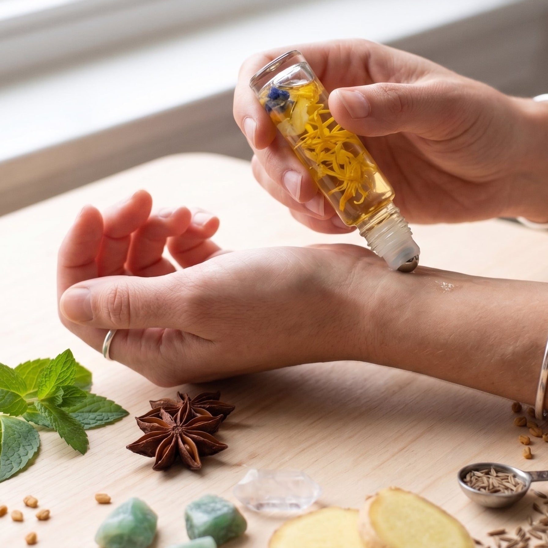 A person applies a golden herbal oil from a small glass roller bottle onto their forearm, with hands, arms, mint leaves, star anise, ginger slices, and spices arranged on a light wooden table near a window.