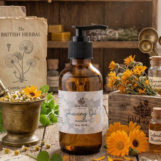 Bottle of 'Shaving Oil' on a wooden table with herbs and books in the background