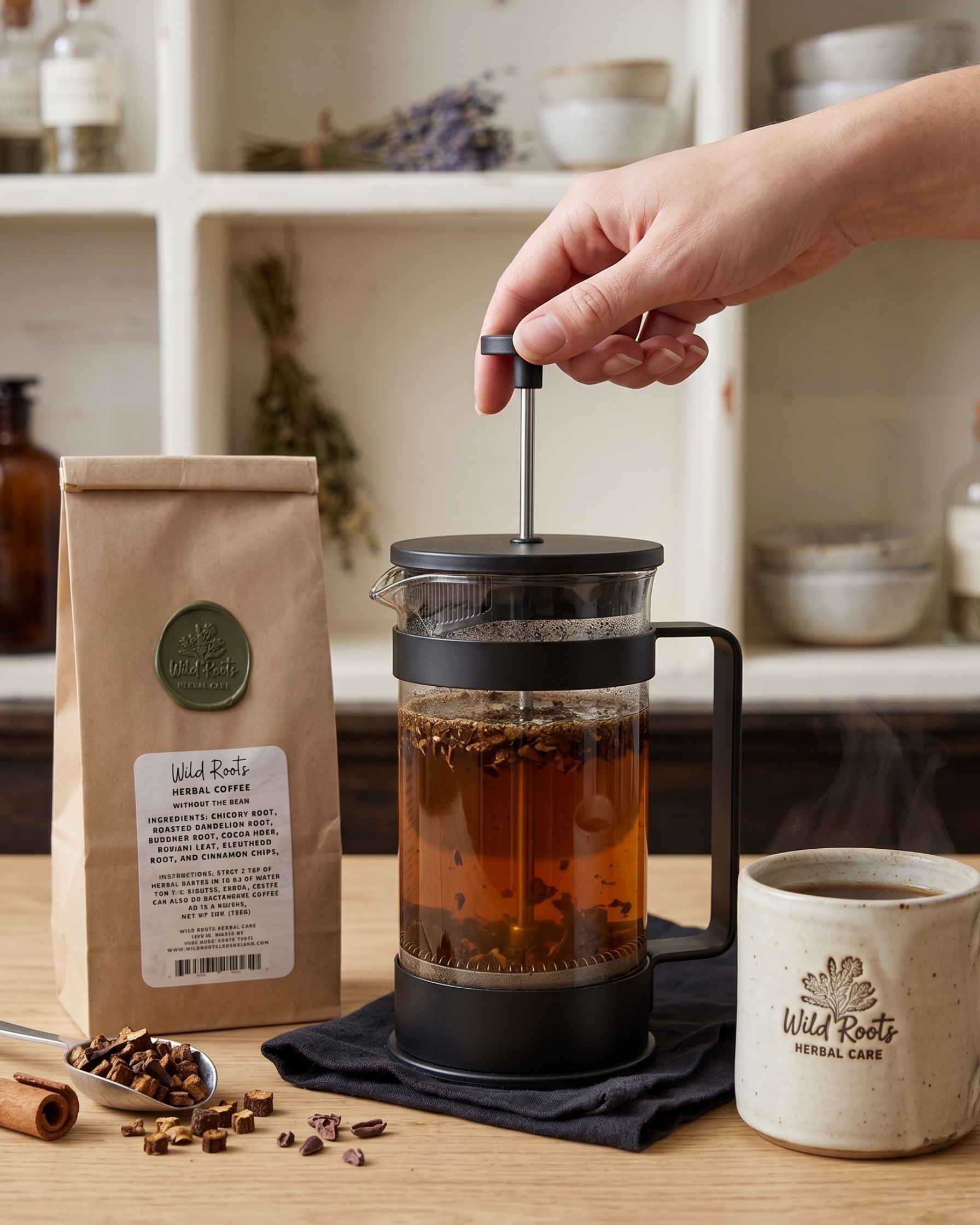 Person making tea with a French press, surrounded by Wild Roots coffee bag and mug on a wooden surface.