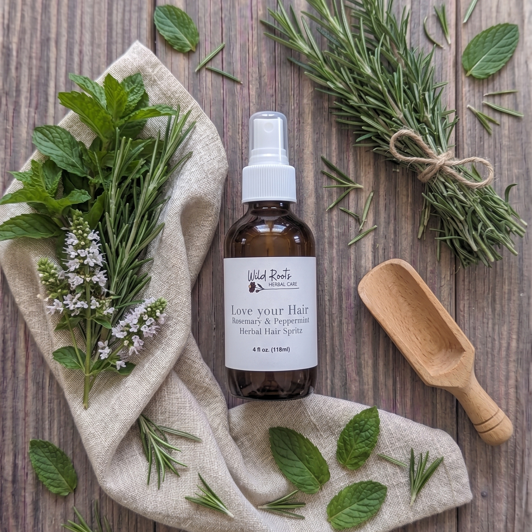 A bottle of Wild Breeze Apothecary 'Love your Hair' hair spray, styled in a flat-lay on a rustic wooden background with fresh rosemary, mint, a beige linen cloth, and a wooden scoop.