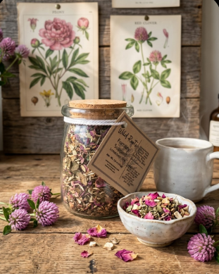Jar of dried herbs with a label, surrounded by flowers and a teacup on a wooden surface.