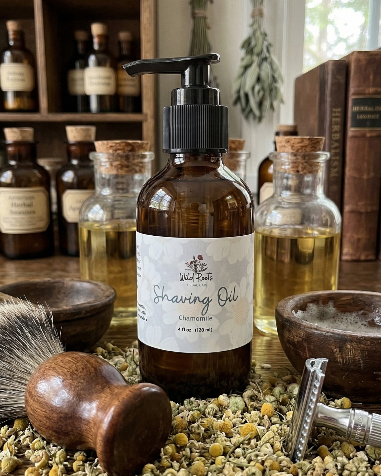 Bottle of Wild Roots Shaving Oil on a wooden surface with a brush, bowl, and books in the background.