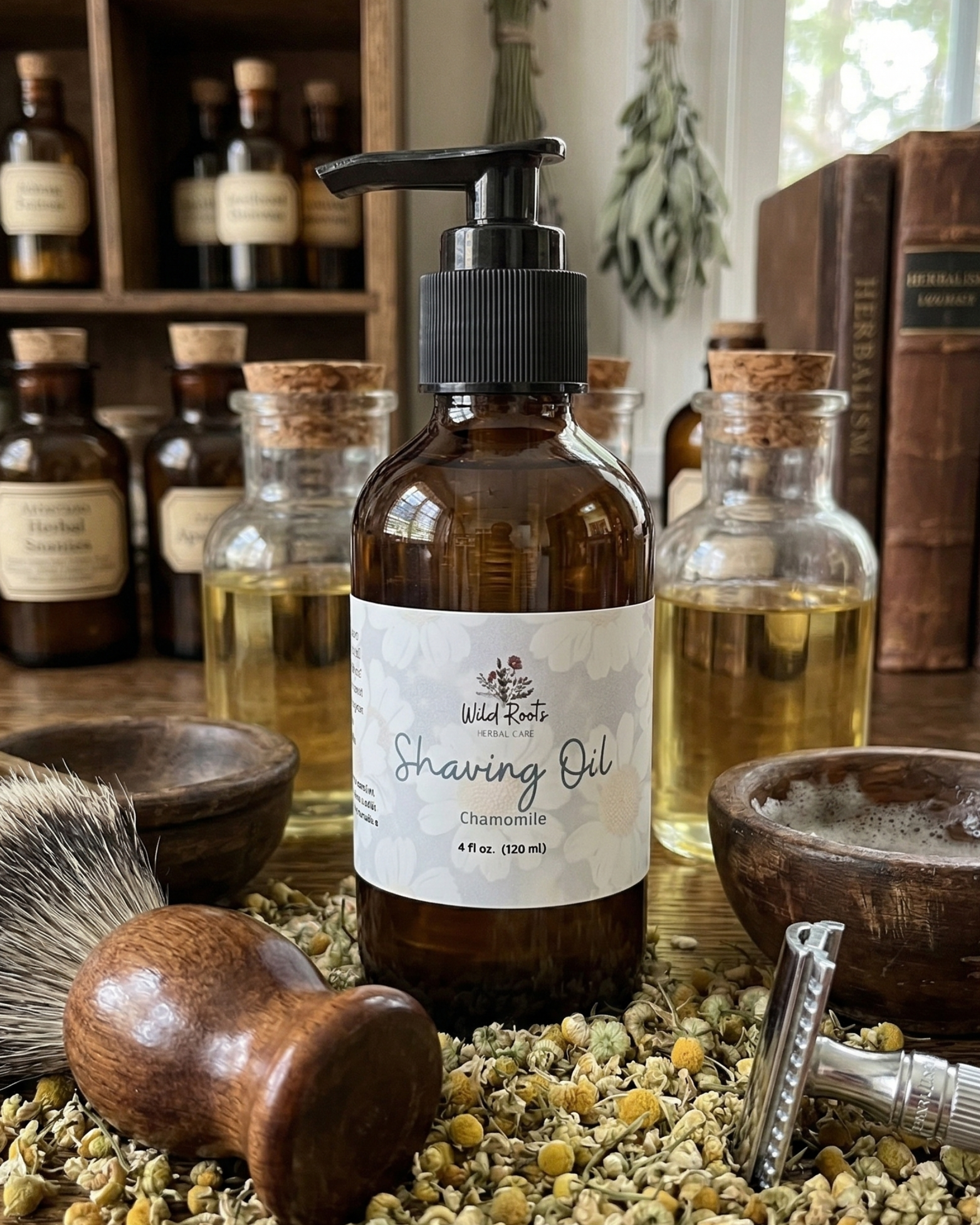 Bottle of Wild Roots Shaving Oil on a wooden surface with a brush, bowl, and books in the background.