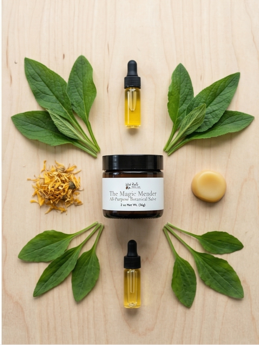 Collage of natural skincare products with herbs on wooden surfaces